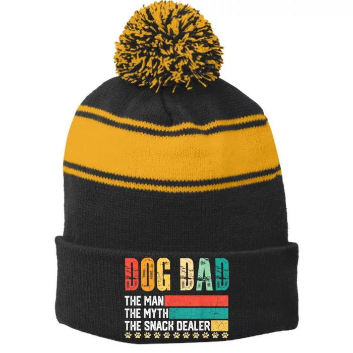 Vintage Dog Dad Dog Father The Man Myth Snack Dealer Paw Fathers Day Stripe Pom Pom Beanie