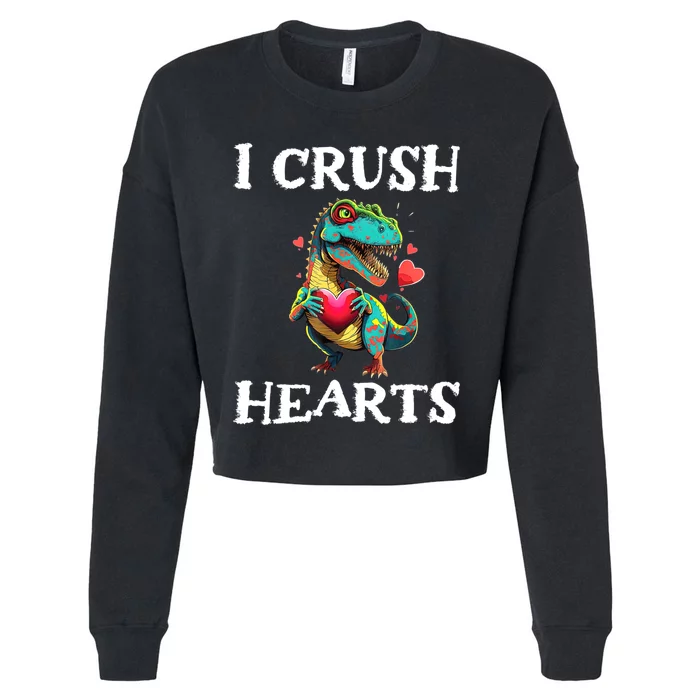 Valentines Day Dinosaur I Crush Hearts Cropped Pullover Crew