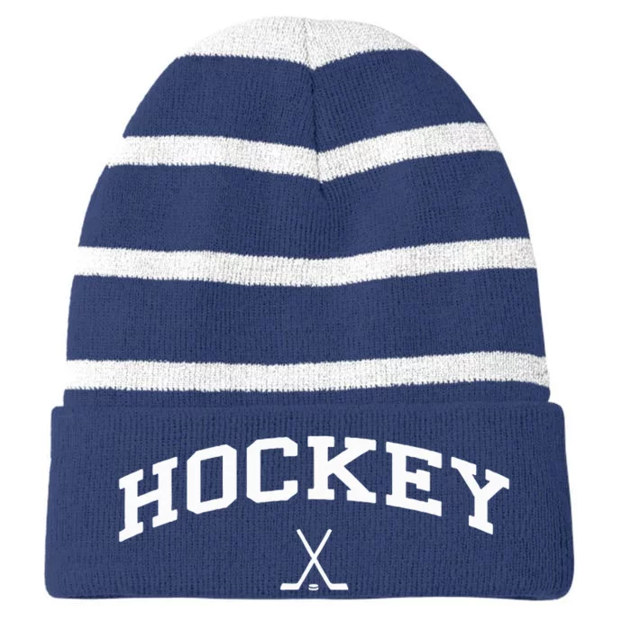 Vintage Distressed Design That Says Hockey Striped Beanie with Solid Band