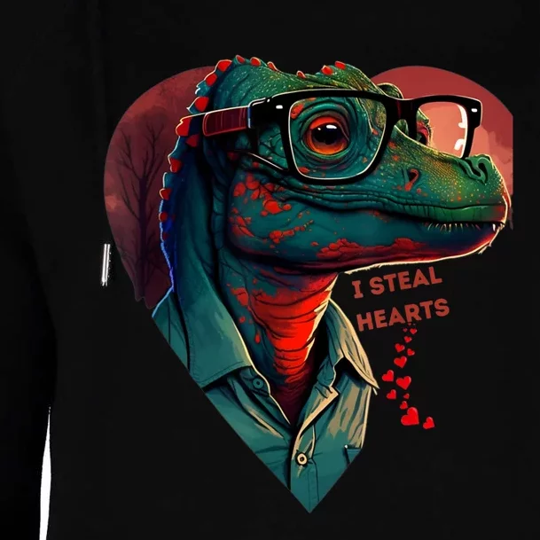 Valentines Day Dinosaur I Steal Hearts Womens Funnel Neck Pullover Hood