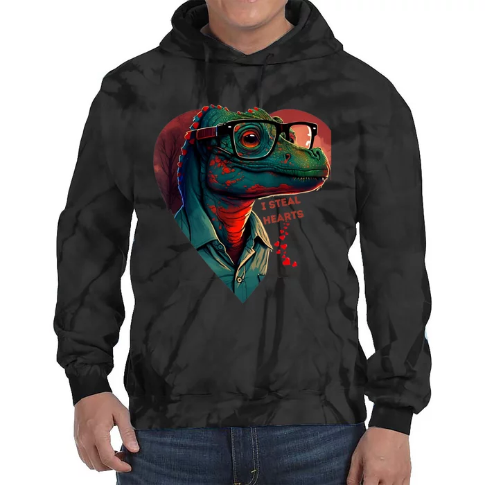 Valentines Day Dinosaur I Steal Hearts Tie Dye Hoodie