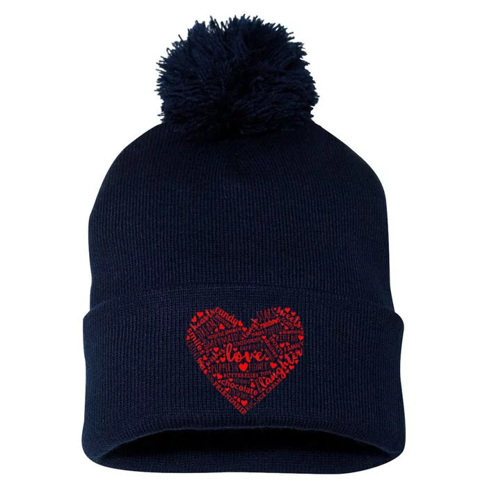 Valentines Day For Girl Cute Pink Red Heart Words Pom Pom 12in Knit Beanie