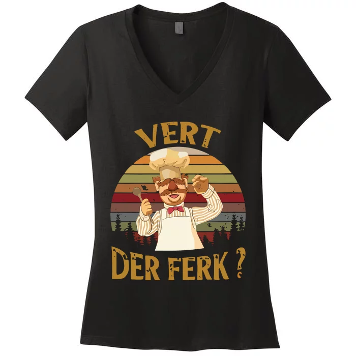 Vert Der Ferk Chef Funny Swedish Sunset Vintage Women's V-Neck T-Shirt