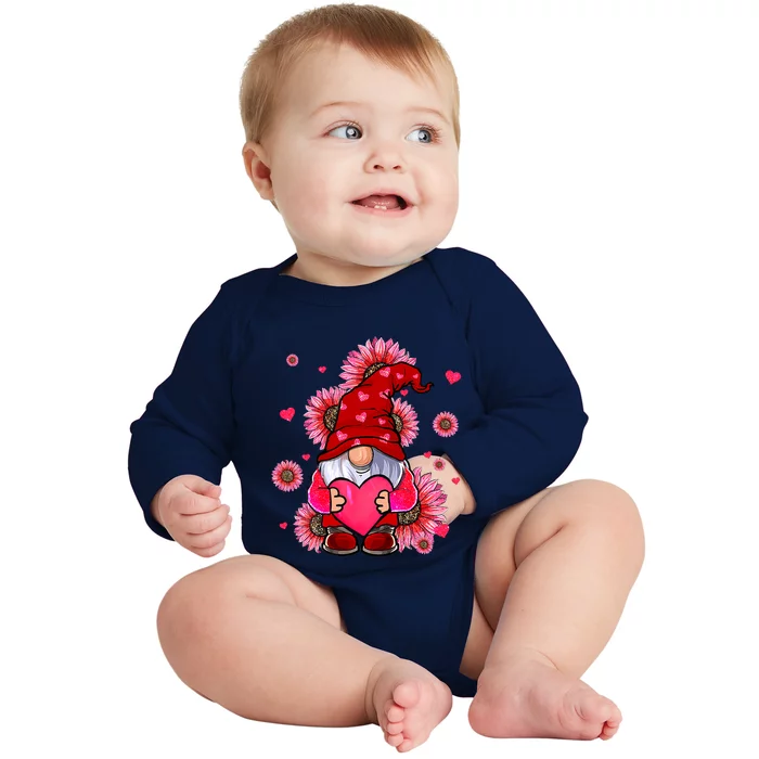 Valentines Day Gnome Lovers Sunflower Baby Long Sleeve Bodysuit