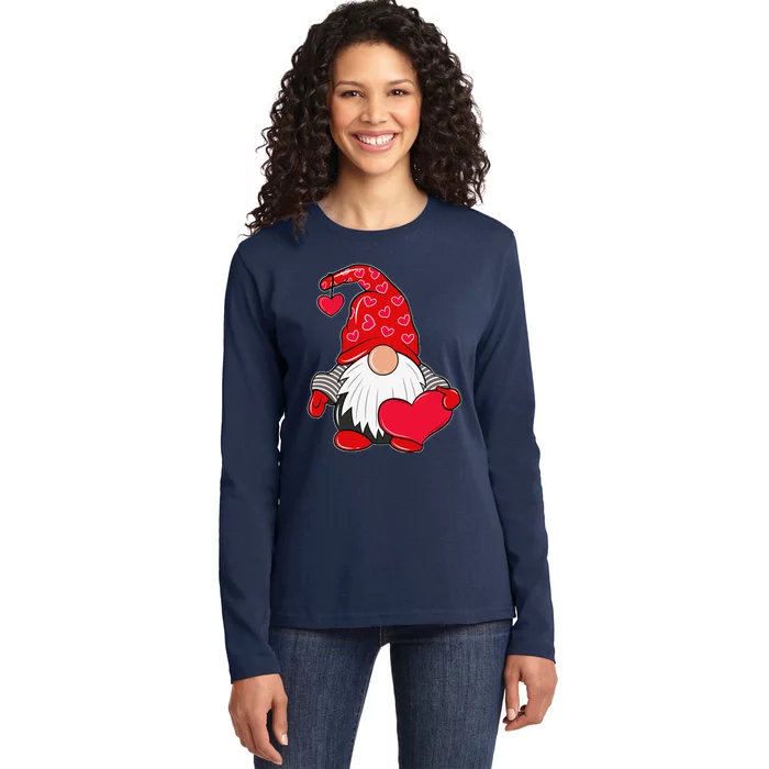 Valentine's Day Gnome Love Holding Heart Funny Ladies Long Sleeve Shirt