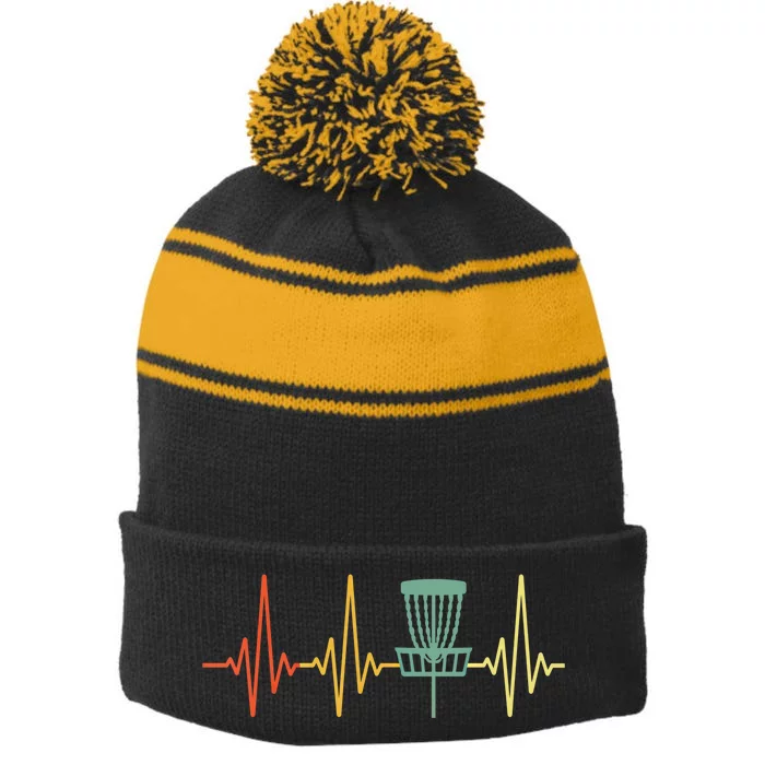 Vintage Disc Golf Retro Heartbeat Gift Disc Golf Gift Stripe Pom Pom Beanie