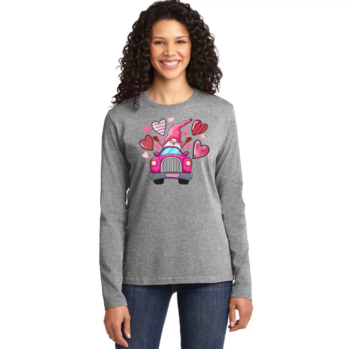 Valentines Day Gnome Heart Truck Ladies Long Sleeve Shirt