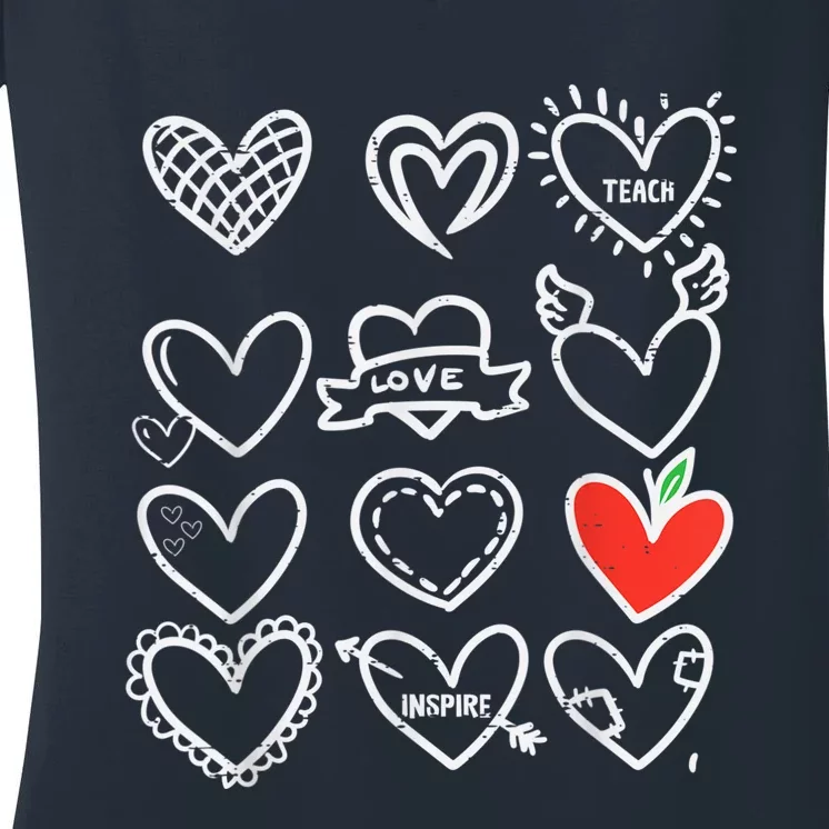 Valentines Day Hearts Teach Love Inspire Cute Teacher Women's V-Neck T-Shirt