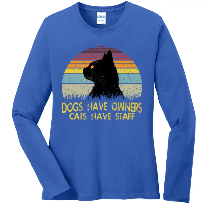 Vintage Dogs Have Owners Cats Have Staff Black Cat Lovers Gift Ladies Long Sleeve Shirt