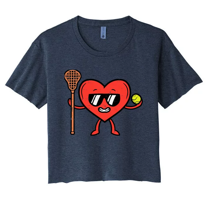 Valentines Day Heart Lacrosse Funny Lax Sports Women's Crop Top Tee