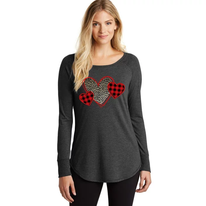 Valentines Day Hearts Love Leopard Plaid Women's Perfect Tri Tunic Long Sleeve Shirt