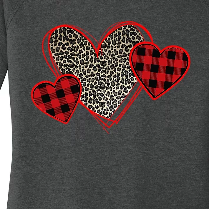 Valentines Day Hearts Love Leopard Plaid Women's Perfect Tri Tunic Long Sleeve Shirt