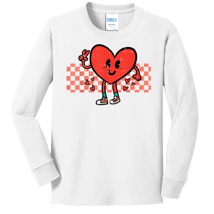 Valentines Day Heart Peace Hand Retro Groovy Kids Long Sleeve Shirt