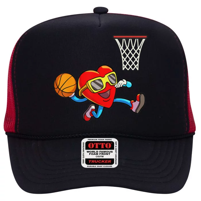 Valentines Day Heart Dunking Basketball High Crown Mesh Trucker Hat