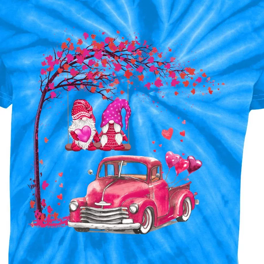 Valentines Day Hearts Tree Couple Gnomes And Red Truck Meaningful Gift Kids Tie-Dye T-Shirt