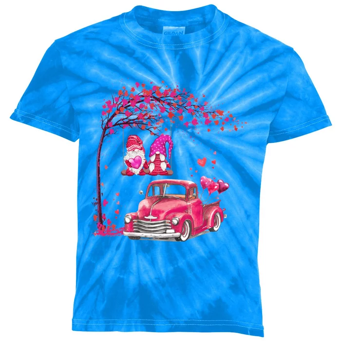 Valentines Day Hearts Tree Couple Gnomes And Red Truck Meaningful Gift Kids Tie-Dye T-Shirt