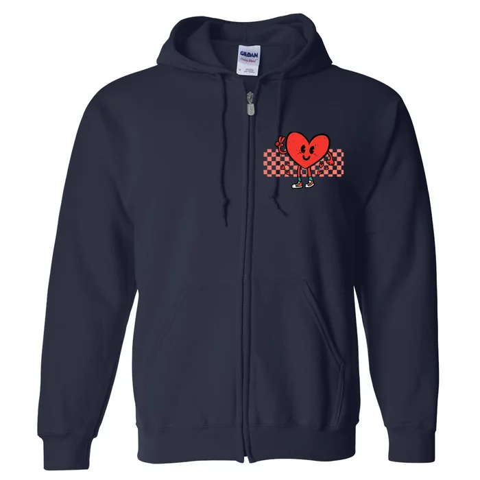 Valentines Day Heart Peace Hand Retro Groovy Adult Full Zip Hoodie