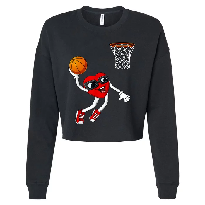 Valentines Day Heart Dunking Basketball Boys Girls Kids Cropped Pullover Crew