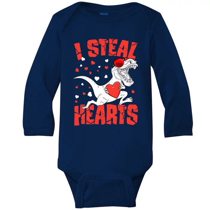 Valentines Day I Steal Hearts TRex Baby Long Sleeve Bodysuit