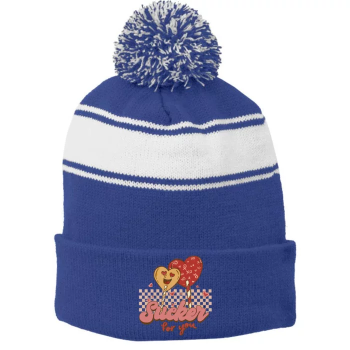 Valentine's Day Im A Sucker For You Heart Lollipops Xoxo Great Gift Stripe Pom Pom Beanie