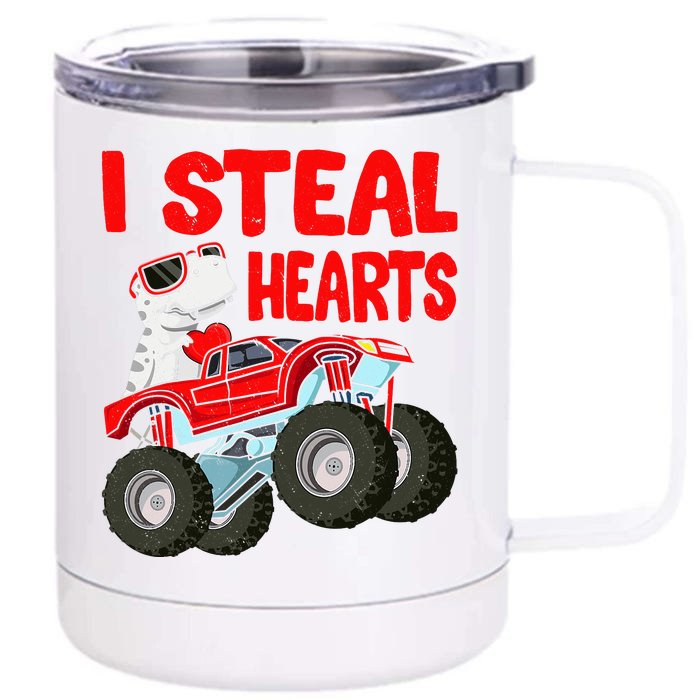 Valentines Day I Steal Hearts Funny Dino Trex Front & Back 12oz Stainless Steel Tumbler Cup