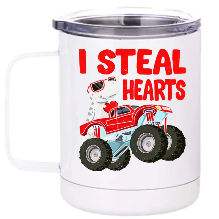 Valentines Day I Steal Hearts Funny Dino Trex Front & Back 12oz Stainless Steel Tumbler Cup