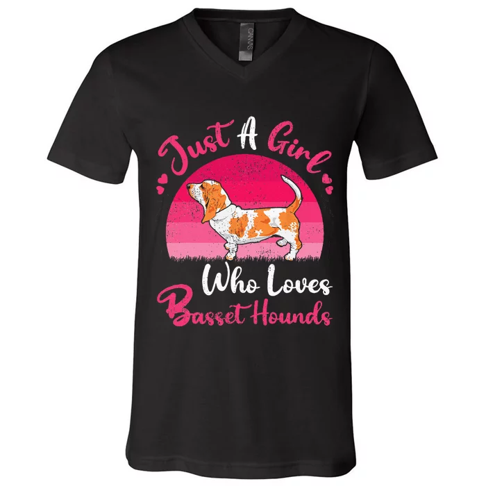 Vintage Dog Lover Just A Girl Who Loves Basset Hounds V-Neck T-Shirt