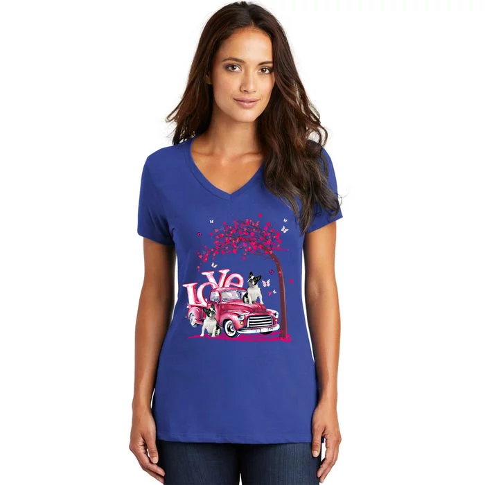 Valentines Day Love Pickup Truck French Bulldog Gift Women's V-Neck T-Shirt