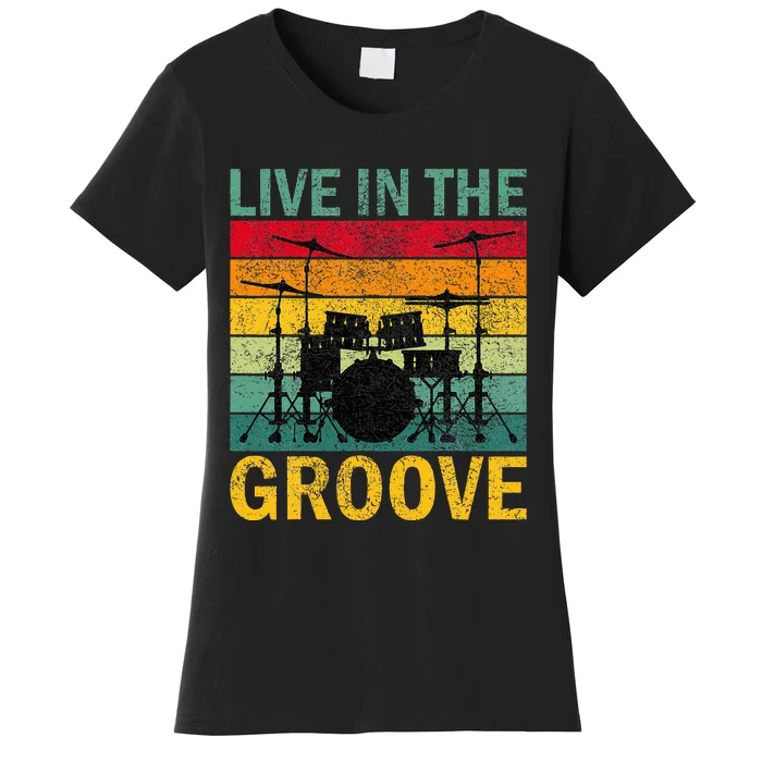 Vintage Drumkit Live In The Groove Retro Drummer Sunset Women's T-Shirt