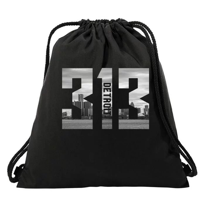 Vintage Detroit Michigan 313 Area Code Skyline Drawstring Bag