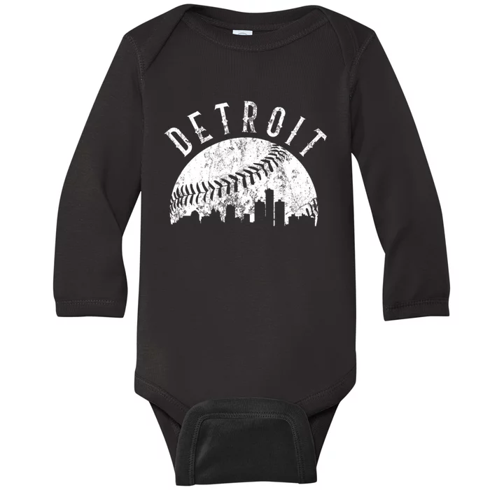 Vintage Detroit Michigan Skyline Apparel Baby Long Sleeve Bodysuit