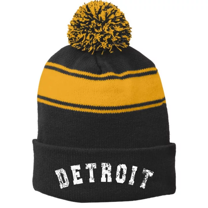 Vintage Detroit Michigan Distressed Apparel Stripe Pom Pom Beanie