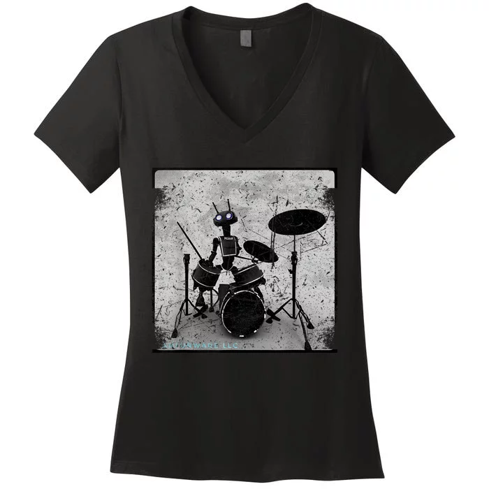 Vintage Distressed Machine Learning AI Robot Music Drummer Women's V-Neck T-Shirt