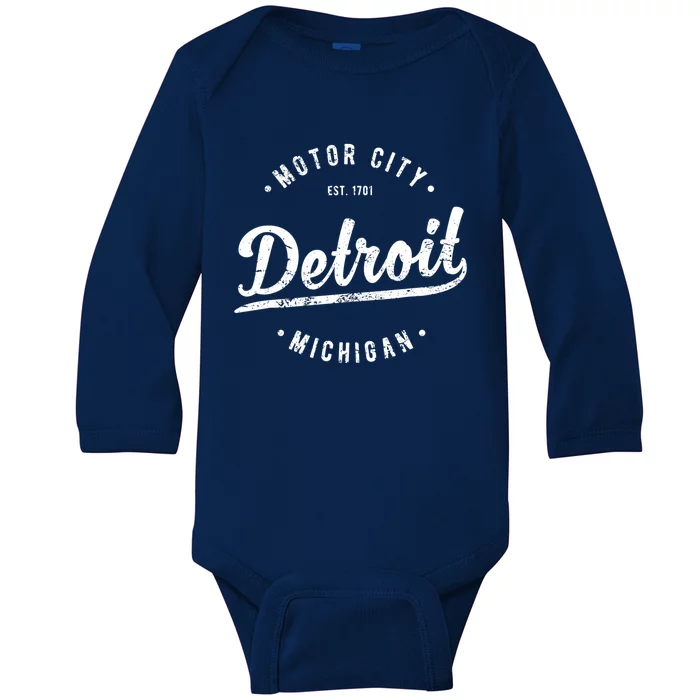 Vintage Detroit Motor City Souvenir Merch Retro Detroit Gift Baby Long Sleeve Bodysuit