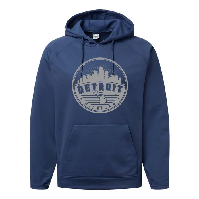 Vintage Detroit Michigan Skyline Emblem Performance Fleece Hoodie