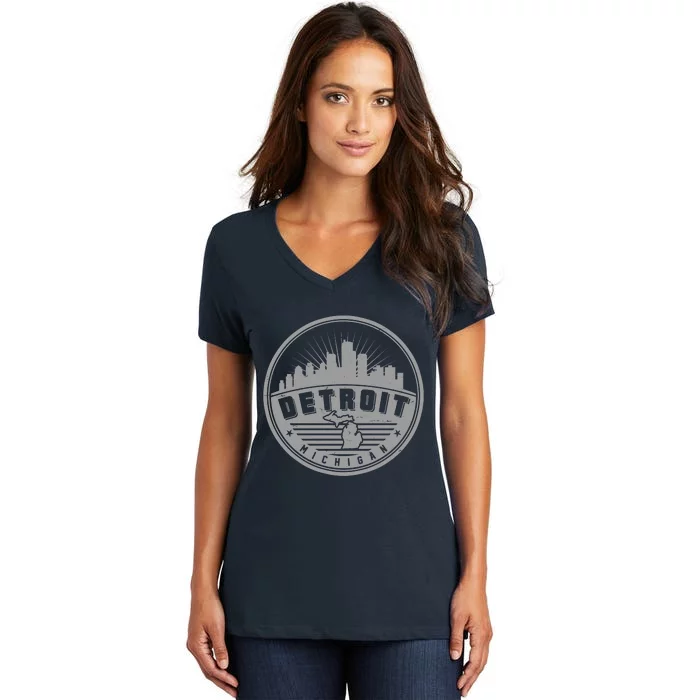 Vintage Detroit Michigan Skyline Emblem Women's V-Neck T-Shirt