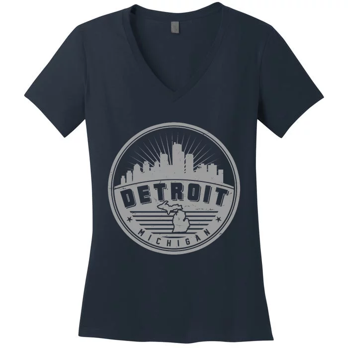 Vintage Detroit Michigan Skyline Emblem Women's V-Neck T-Shirt