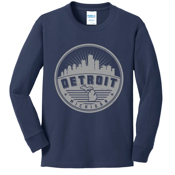 Vintage Detroit Michigan Skyline Emblem Kids Long Sleeve Shirt