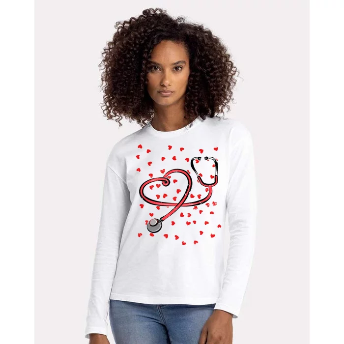 Valentines Day Nurse Stethoscope Hearts Womens Cotton Relaxed Long Sleeve T-Shirt