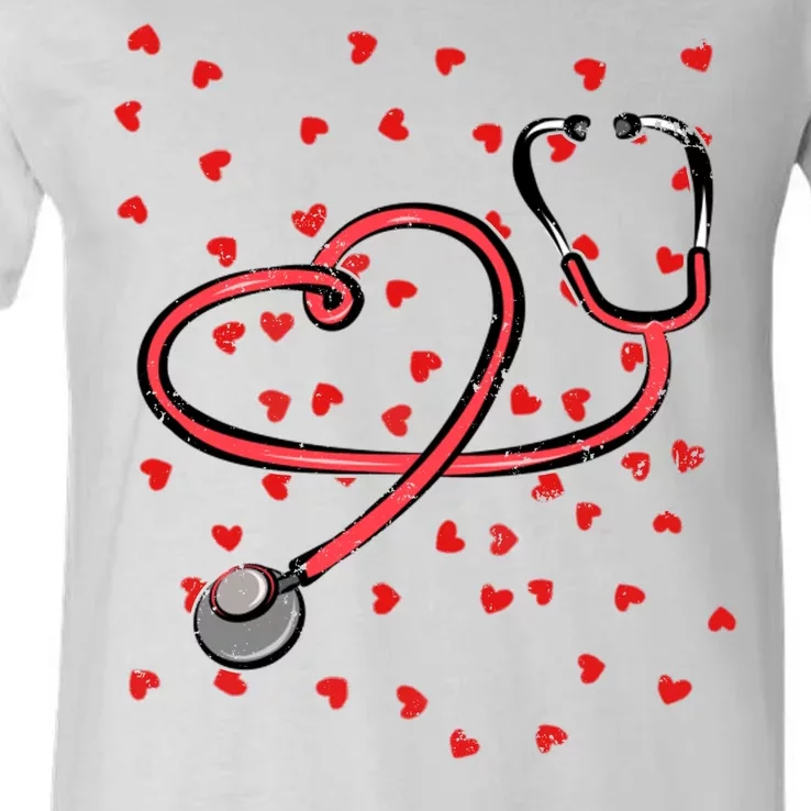 Valentines Day Nurse Stethoscope Hearts V-Neck T-Shirt