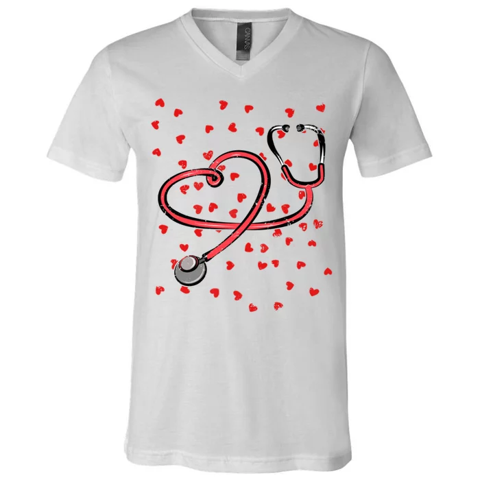 Valentines Day Nurse Stethoscope Hearts V-Neck T-Shirt