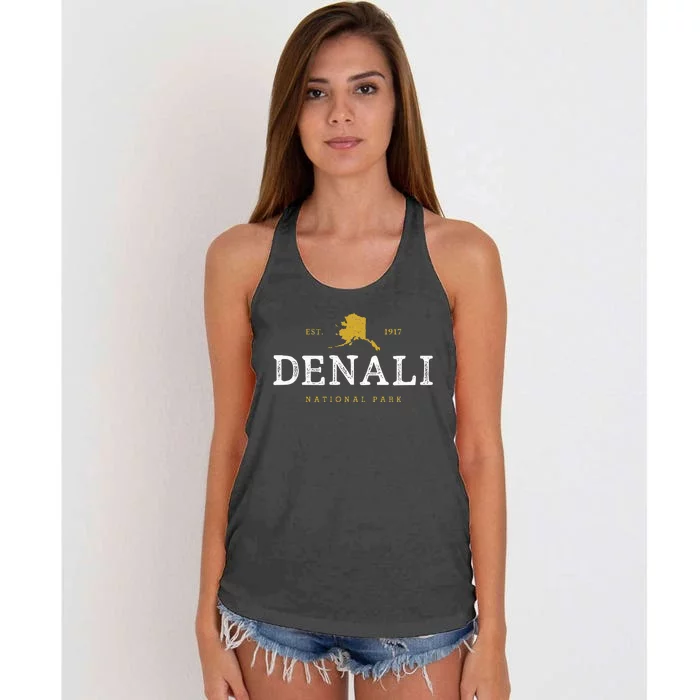 Vintage Denali National Park Alaska Souvenir Est 1917 Women's Knotted Racerback Tank