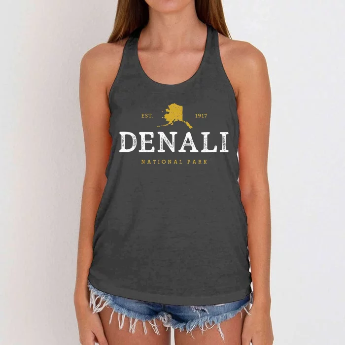 Vintage Denali National Park Alaska Souvenir Est 1917 Women's Knotted Racerback Tank