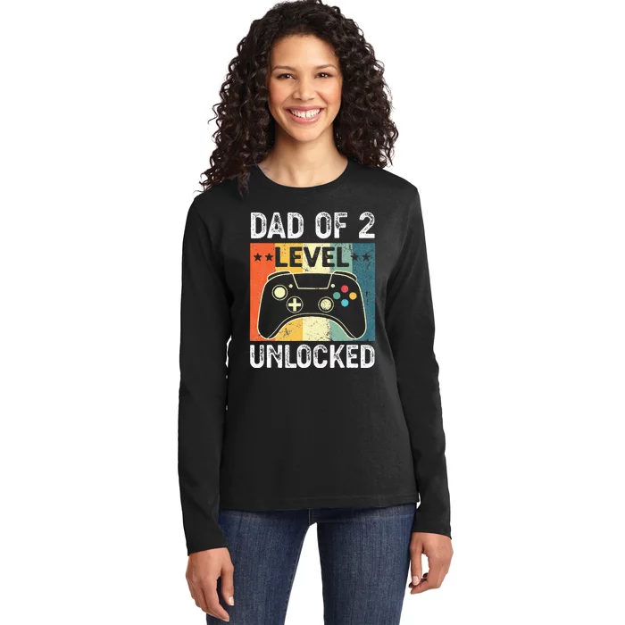 Vintage Dad Of Two Level Unlocked Pregnancy Announcement Ladies Long Sleeve Shirt