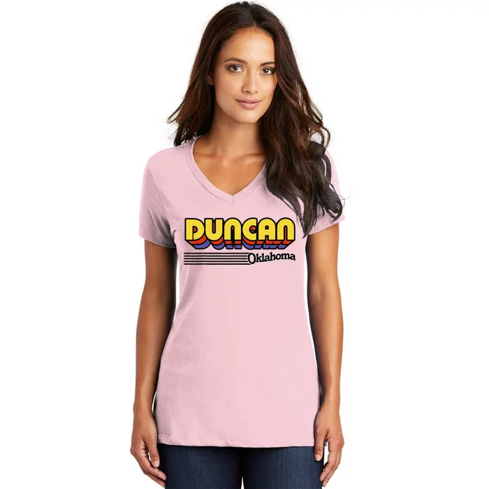 Vintage Duncan Oklahoma Retro Stripes Women's V-Neck T-Shirt