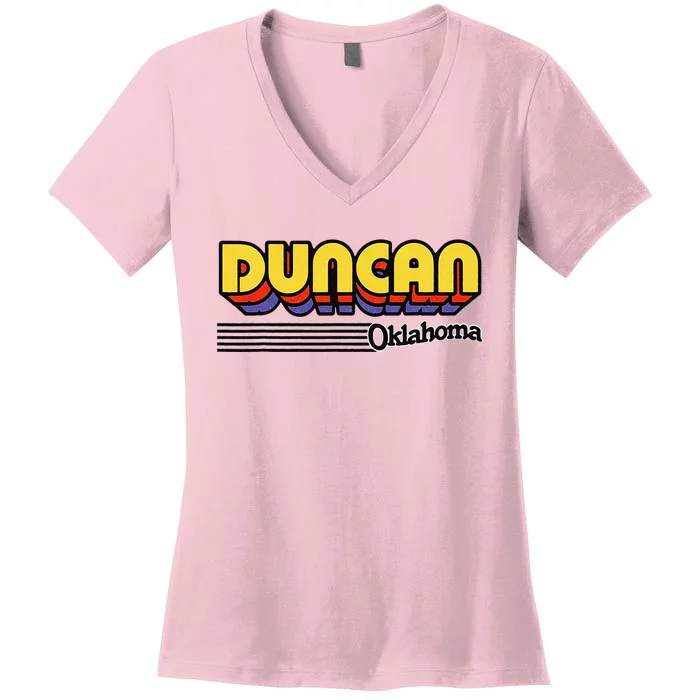 Vintage Duncan Oklahoma Retro Stripes Women's V-Neck T-Shirt