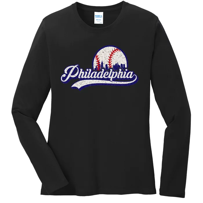 Vintage Distressed Philadelphia Baseball Lovers Ladies Long Sleeve Shirt