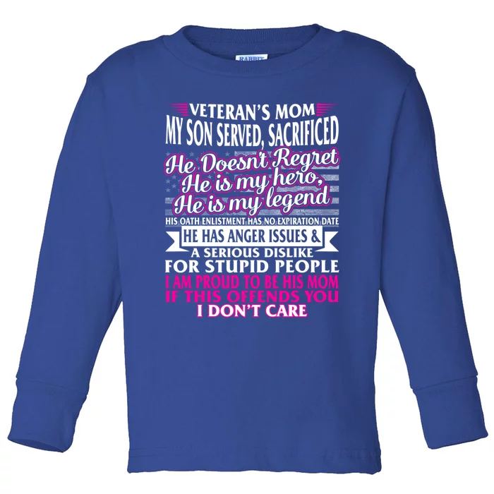 Veterans Day Proud Veteran Mom Son Served Sacrificed Hero Gift Toddler Long Sleeve Shirt