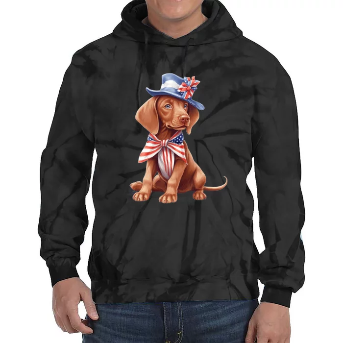 Vizsla Dog Puppy USA Flag American Patriotic Dogs 4th Of July Tie Dye Hoodie