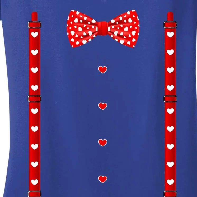 Valentines Day Red Hearts Bow Tie Suspenders Costume Women's V-Neck T-Shirt